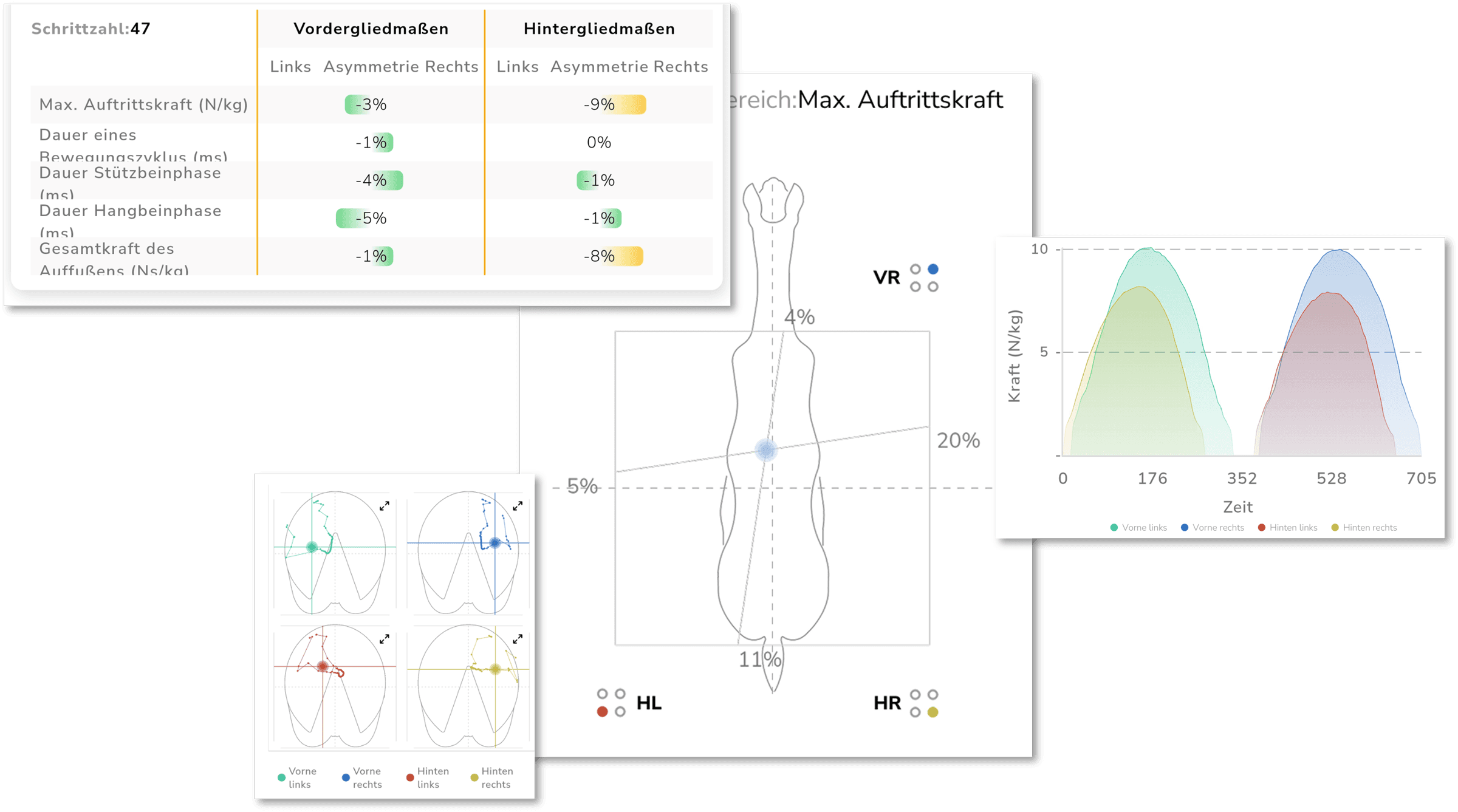 Auswertung der Consteed®-App: Tabelle mit Asymmetriewerten für Vorder- und Hintergliedmaßen, Kraftverteilung im Körperschema und Kraft-Zeit-Kurven der vier Hufe
